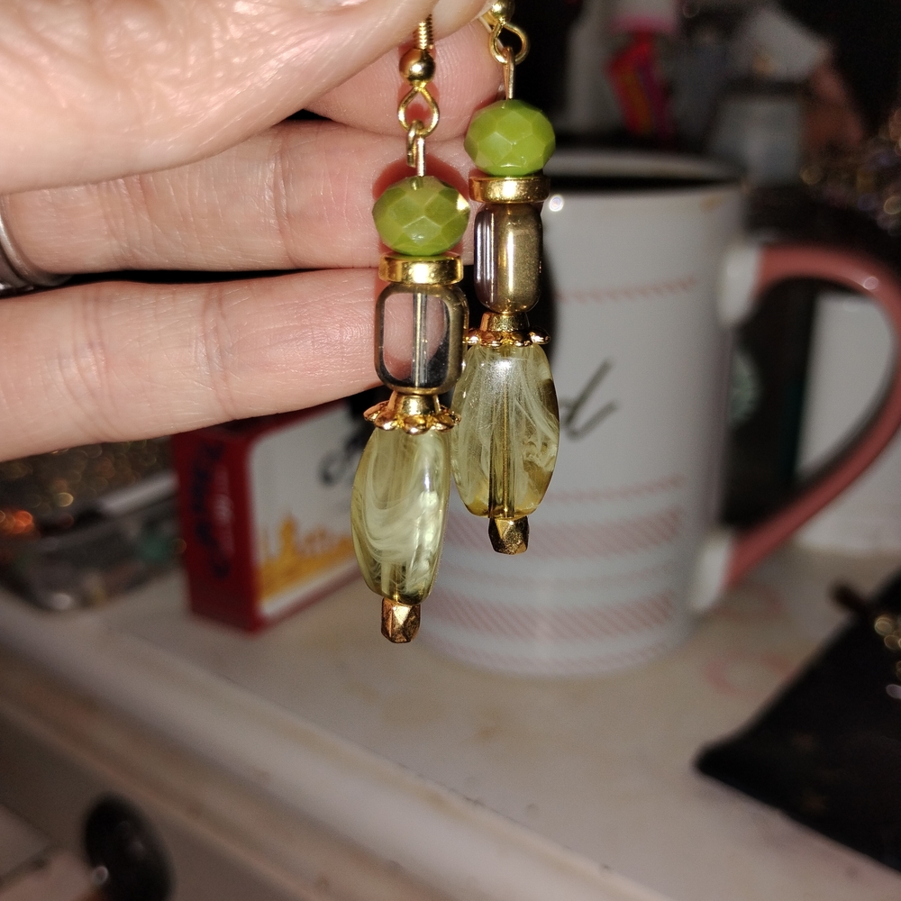 Green Glass Bead Dangle Earrings - Gold Accents